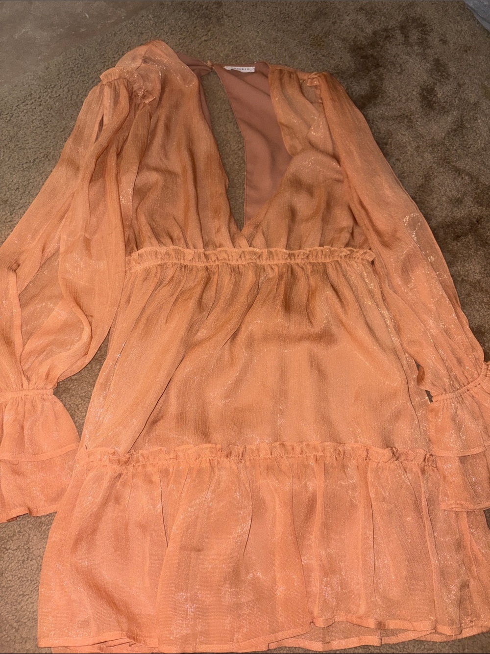 Sheer Peach Orange Long Sleeve Ruffle Mini Dress
